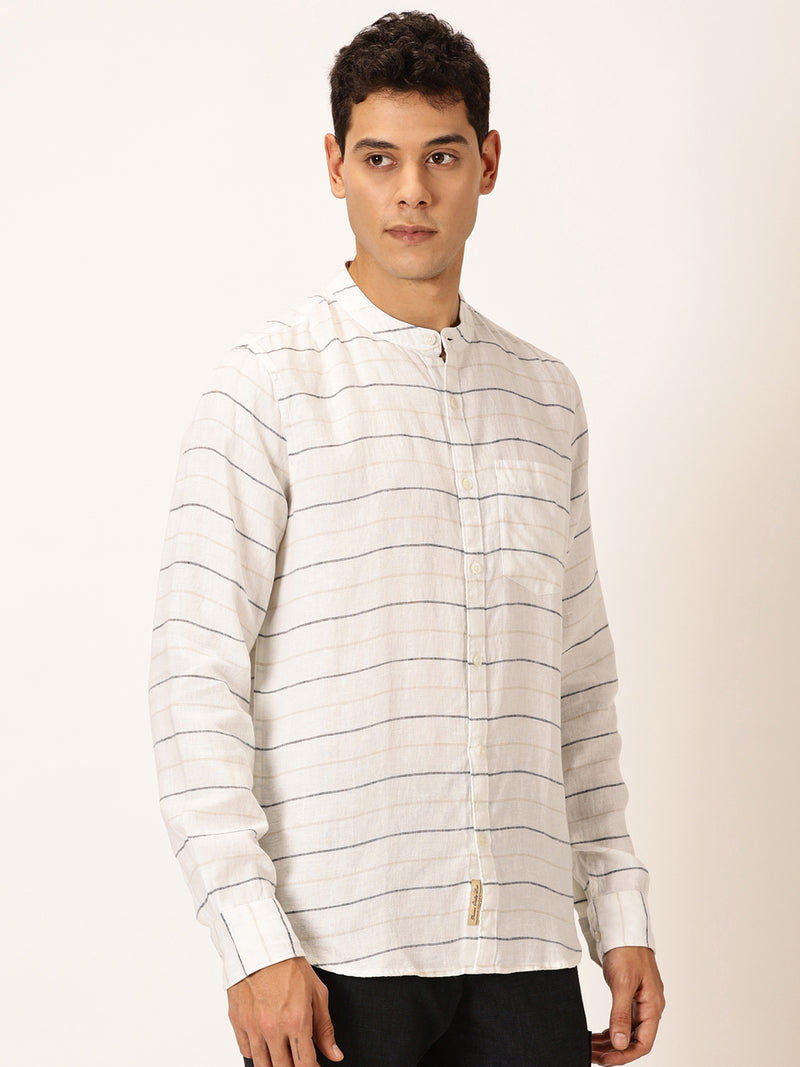 Thomas Scott Men Cream Slim Fit Long Sleeves Horizontal Stripes Linen Casual Shirt