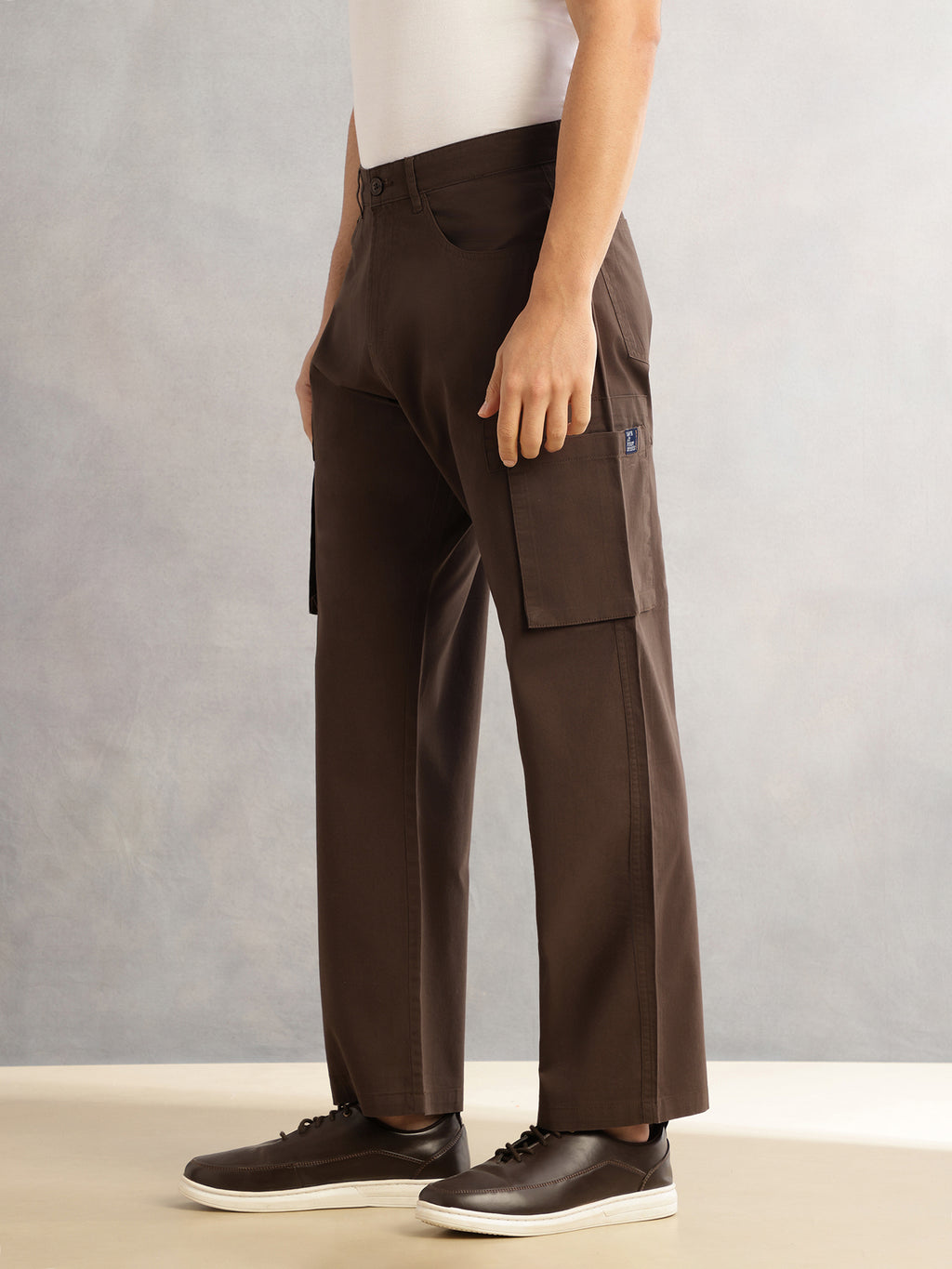 Thomas Scott Men Dark Brown Cricket Club Straight Fit Mid-Rise Solid 100% Cotton Woven Cargo Trouser