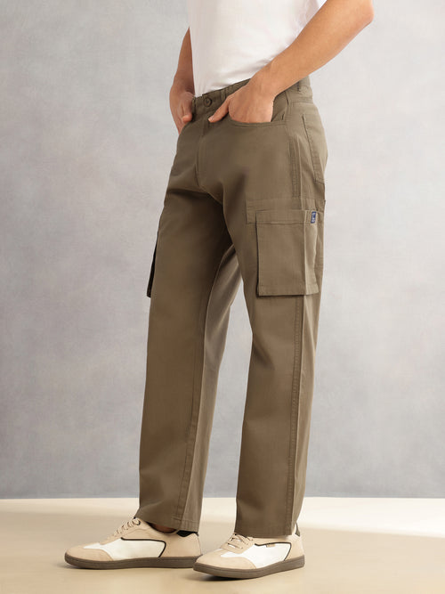 Thomas Scott Men Olive Cricket Club Straight Fit Mid-Rise Solid 100% Cotton Woven Cargo Trouser