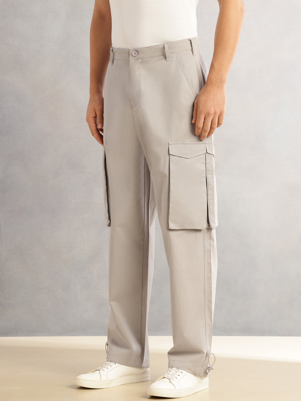 Thomas Scott Men Light Grey Cricket Club Relaxed Fit Mid-Rise 100% Cotton Woven Cargo Trouser