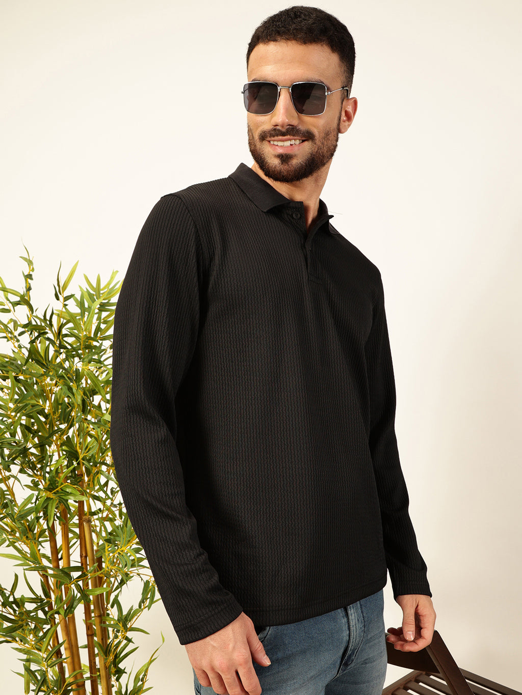 Thomas Scott Men Black Regular Fit Long Sleeves Pinstripes Polo Collar Knitted Tshirt