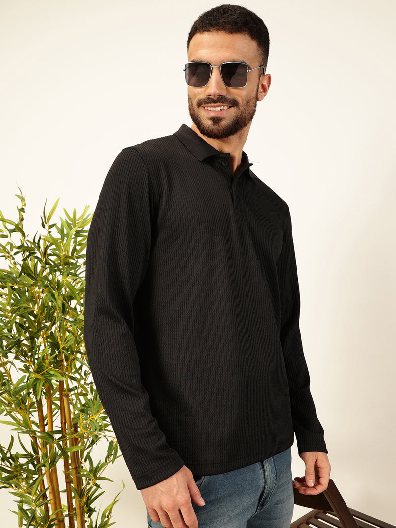 Thomas Scott Men Black Regular Fit Long Sleeves Pinstripes Polo Collar Knitted Tshirt
