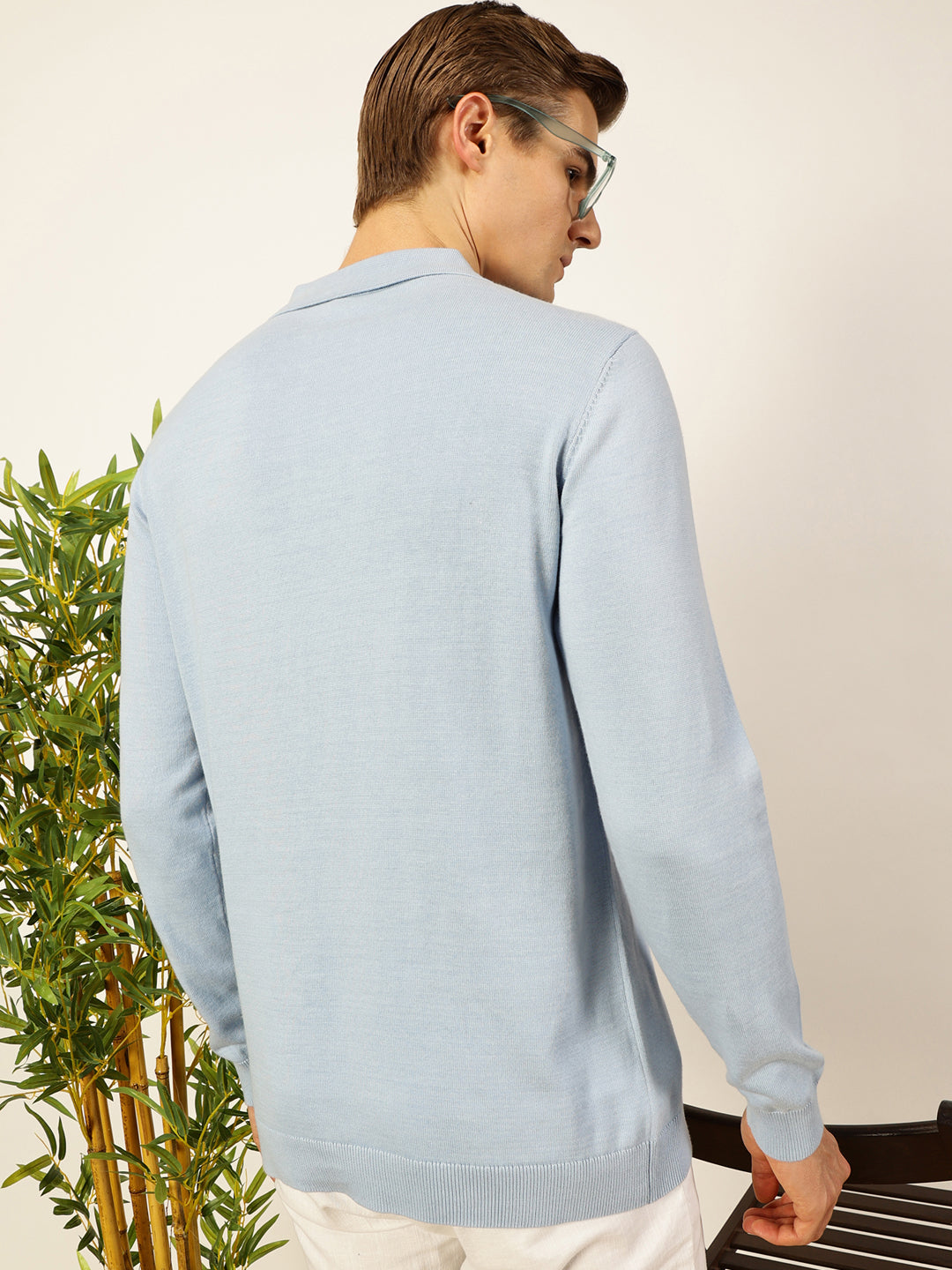 Thomas Scott Men Sky Blue Regular Fit Long Sleeves Solid 100% Cotton Knitted Polo Collar T-shirt