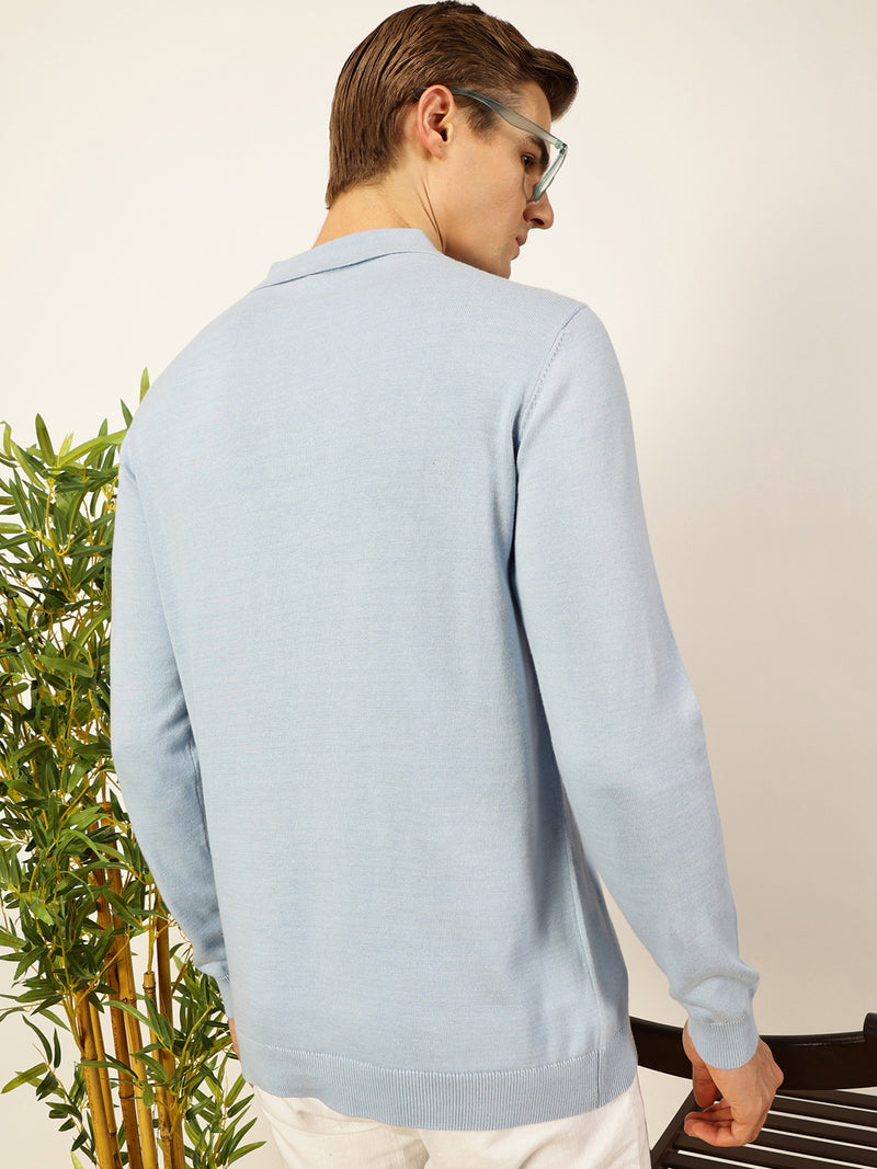 Thomas Scott Men Sky Blue Regular Fit Long Sleeves Solid 100% Cotton Knitted Polo Collar T-shirt
