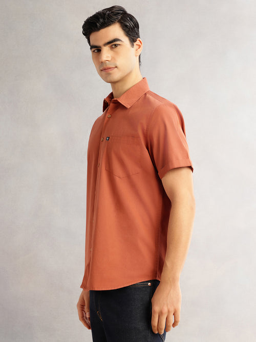 Thomas Scott Men Rust Premium Slim Fit Short Sleeves Spread Collar Solid 100% Cotton Casual Shirt