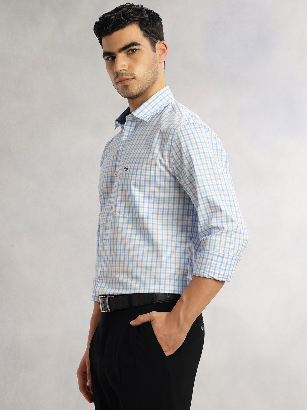 Thomas Scott Men Blue Regular Fit Long Sleeves Spread Collar Grid Tattersall Checks 100% Cotton Formal Shirt