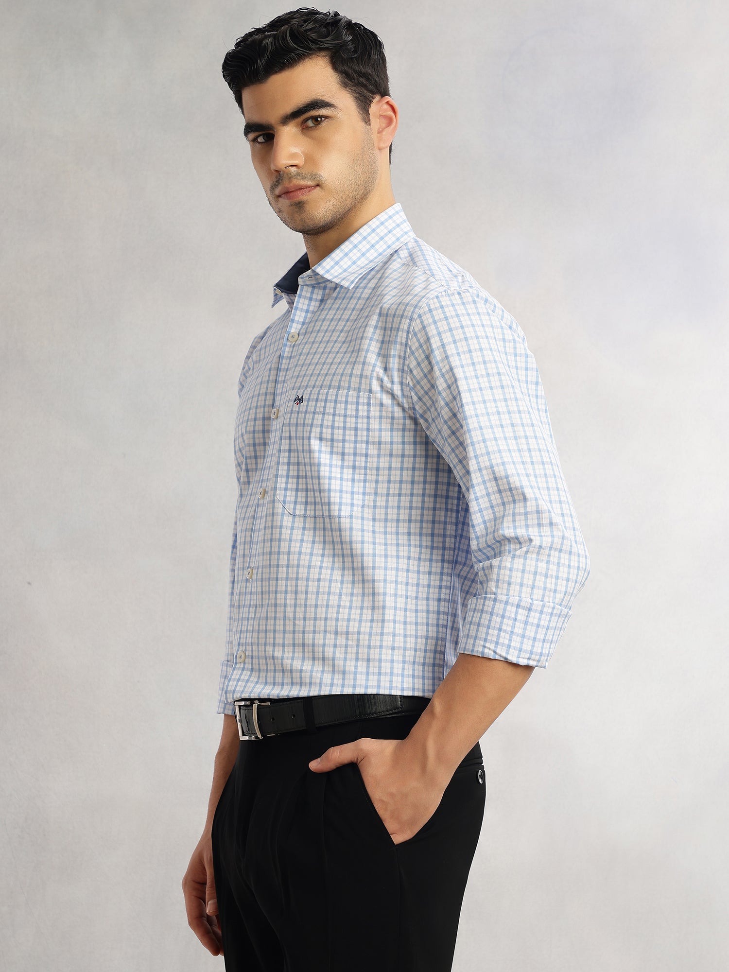 Thomas Scott Men Blue Regular Fit Long Sleeves Spread Collar Grid Tattersall Checks 100% Cotton Formal Shirt