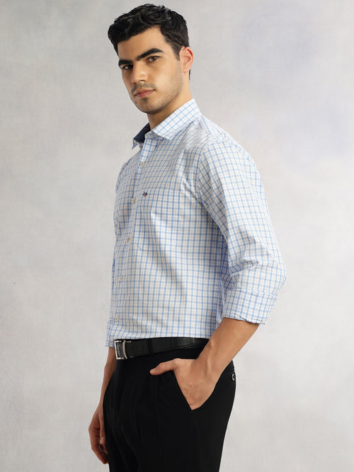 Thomas Scott Men Blue Regular Fit Long Sleeves Spread Collar Grid Tattersall Checks 100% Cotton Formal Shirt