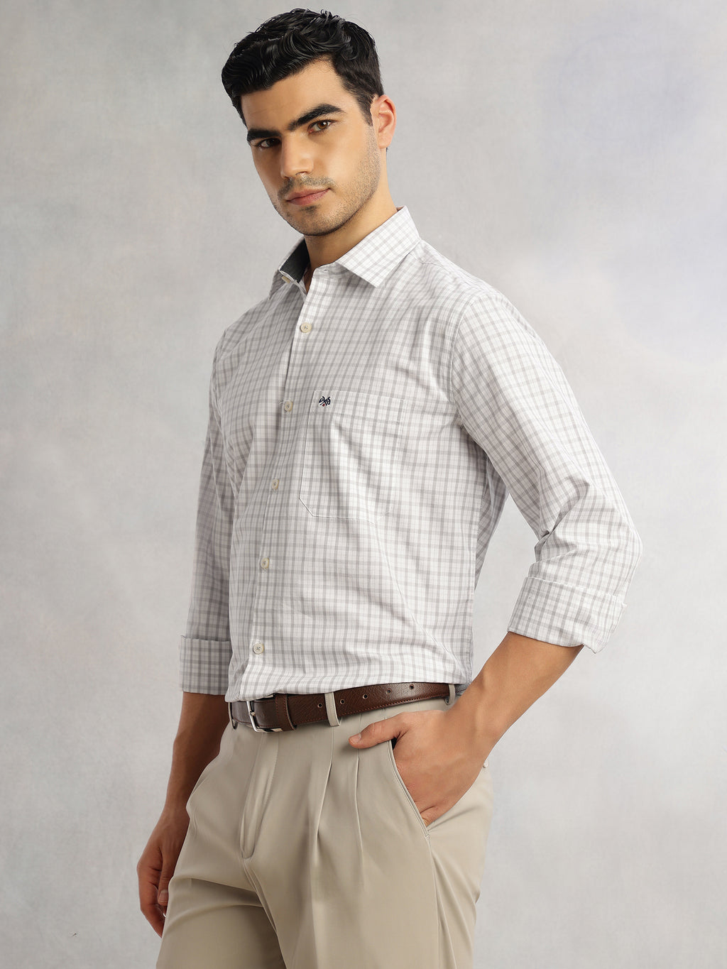 Thomas Scott Men Grey Regular Fit Long Sleeves Spread Collar Grid Tattersall Checks 100% Cotton Formal Shirt