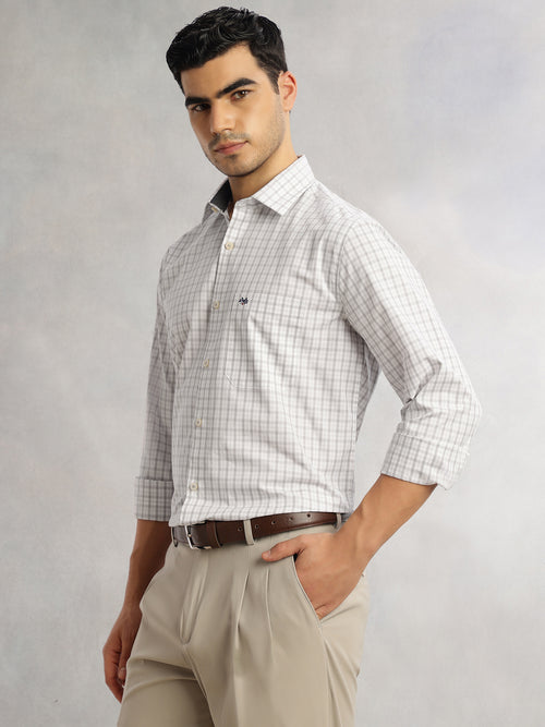 Thomas Scott Men Grey Regular Fit Long Sleeves Spread Collar Grid Tattersall Checks 100% Cotton Formal Shirt