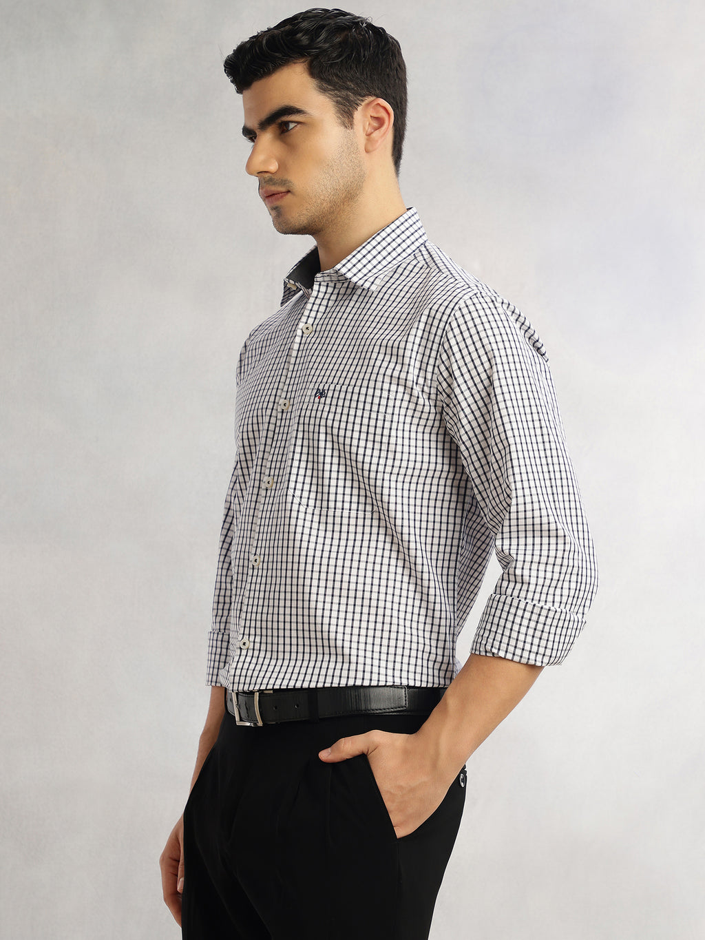 Thomas Scott Men Blue Regular Fit Long Sleeves Spread Collar Micro Checks 100% Cotton Formal Shirt