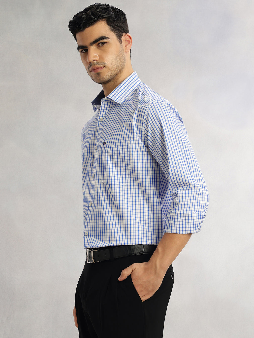 Thomas Scott Men Navy Regular Fit Long Sleeves Spread Collar Micro Checks 100% Cotton Formal Shirt