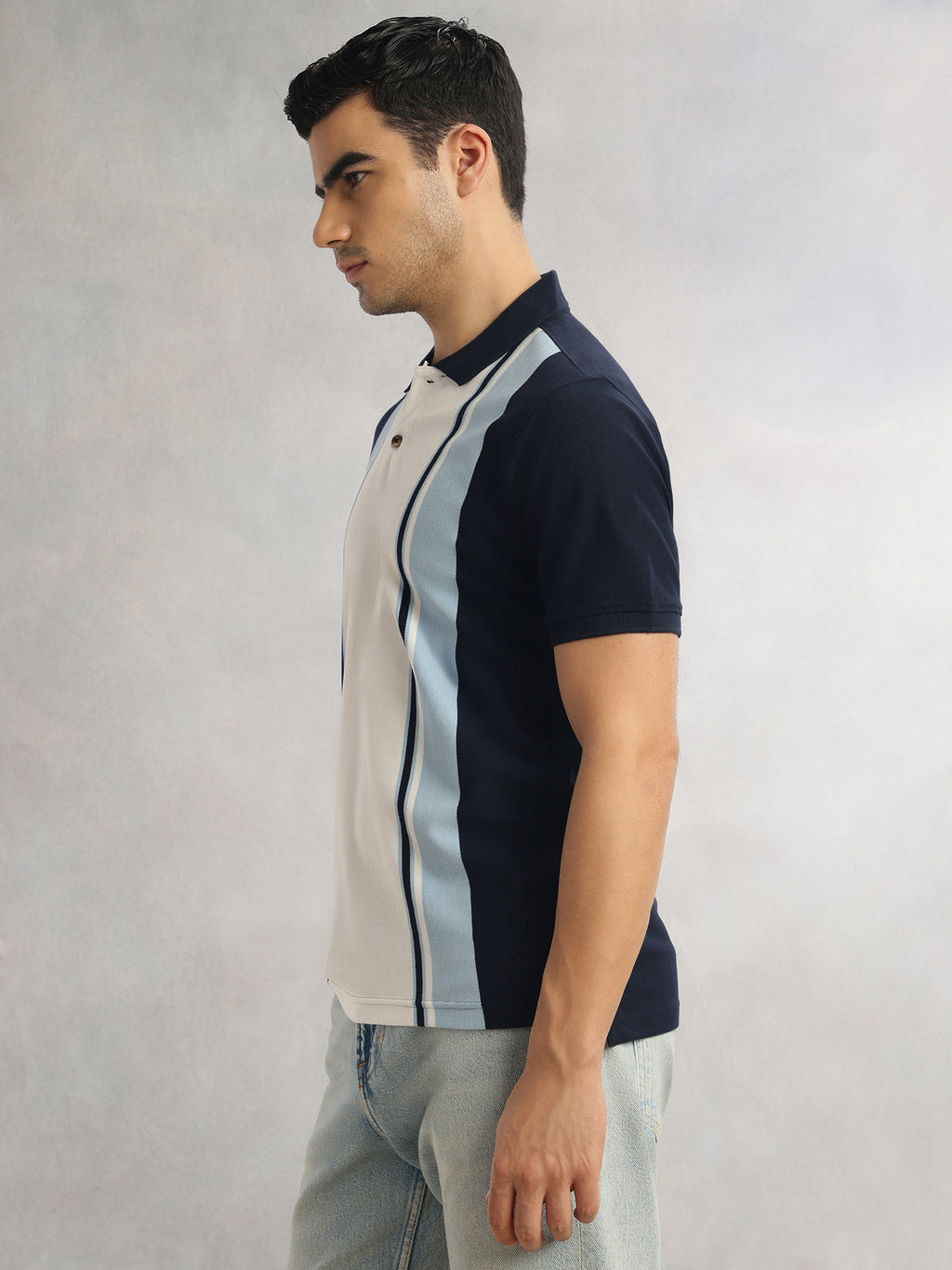 Thomas Scott Men Navy Regular Fit Short Sleeves Striped Cotton Polyester Knitted Polo Collar Tshirt