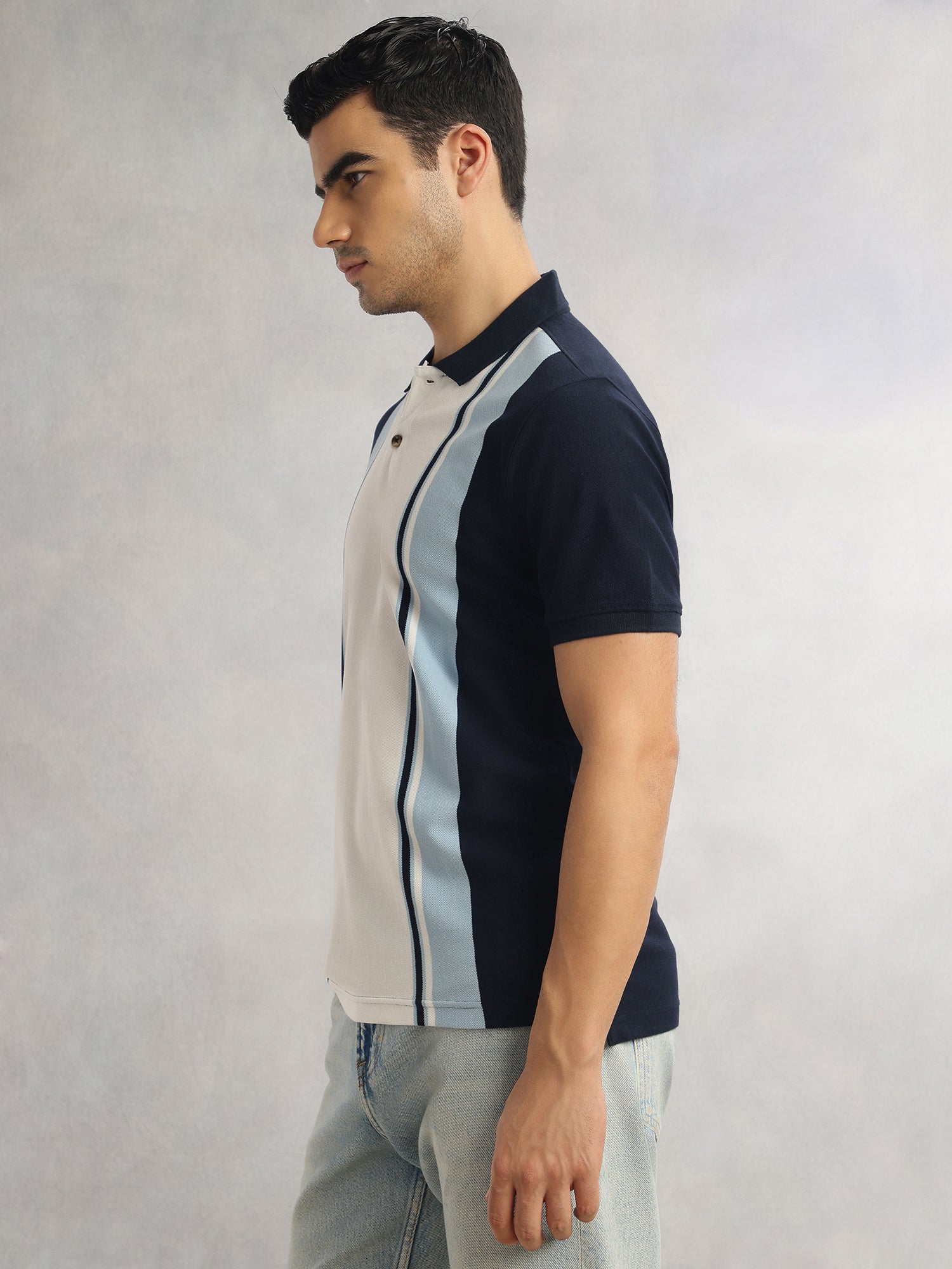 Thomas Scott Men Navy Regular Fit Short Sleeves Striped Cotton Polyester Knitted Polo Collar Tshirt