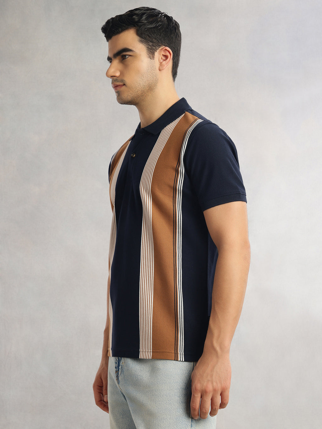 Thomas Scott Men Navy Regular Fit Short Sleeves Striped Cotton Polyester Knitted Polo Collar Tshirt
