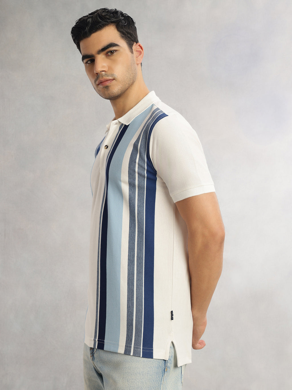 Thomas Scott Men Steel Blue Regular Fit Short Sleeves Striped Cotton Polyester Knitted Polo Collar Tshirt