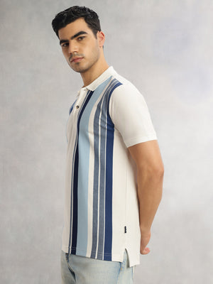 Thomas Scott Men Steel Blue Regular Fit Short Sleeves Striped Cotton Polyester Knitted Polo Collar Tshirt