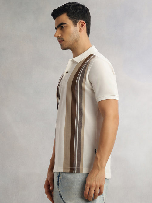 Thomas Scott Men Brown Regular Fit Short Sleeves Striped Cotton Polyester Knitted Polo Collar Tshirt