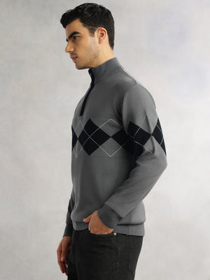 Thomas Scott Men Grey Regular Fit Long Sleeves High Neck Self Design 100% Acrylic Knitted Pullover Sweatshirt
