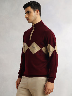 Thomas Scott Men Wine Regular Fit Long Sleeves High Neck Self Design 100% Acrylic Knitted Pullover Sweatshirt