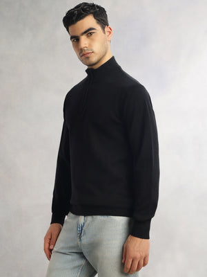 Thomas Scott Men Black Regular Fit Long Sleeves High Neck Solid Knitted Pullover Sweatshirt
