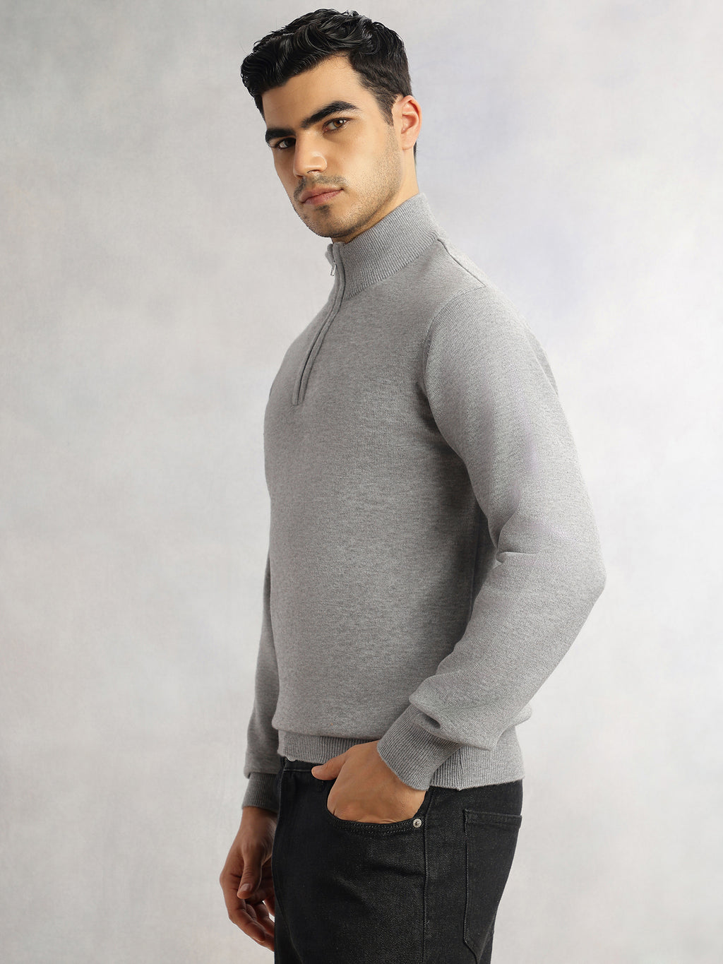 Thomas Scott Men Grey Regular Fit Long Sleeves High Neck Solid Knitted Pullover Sweatshirt