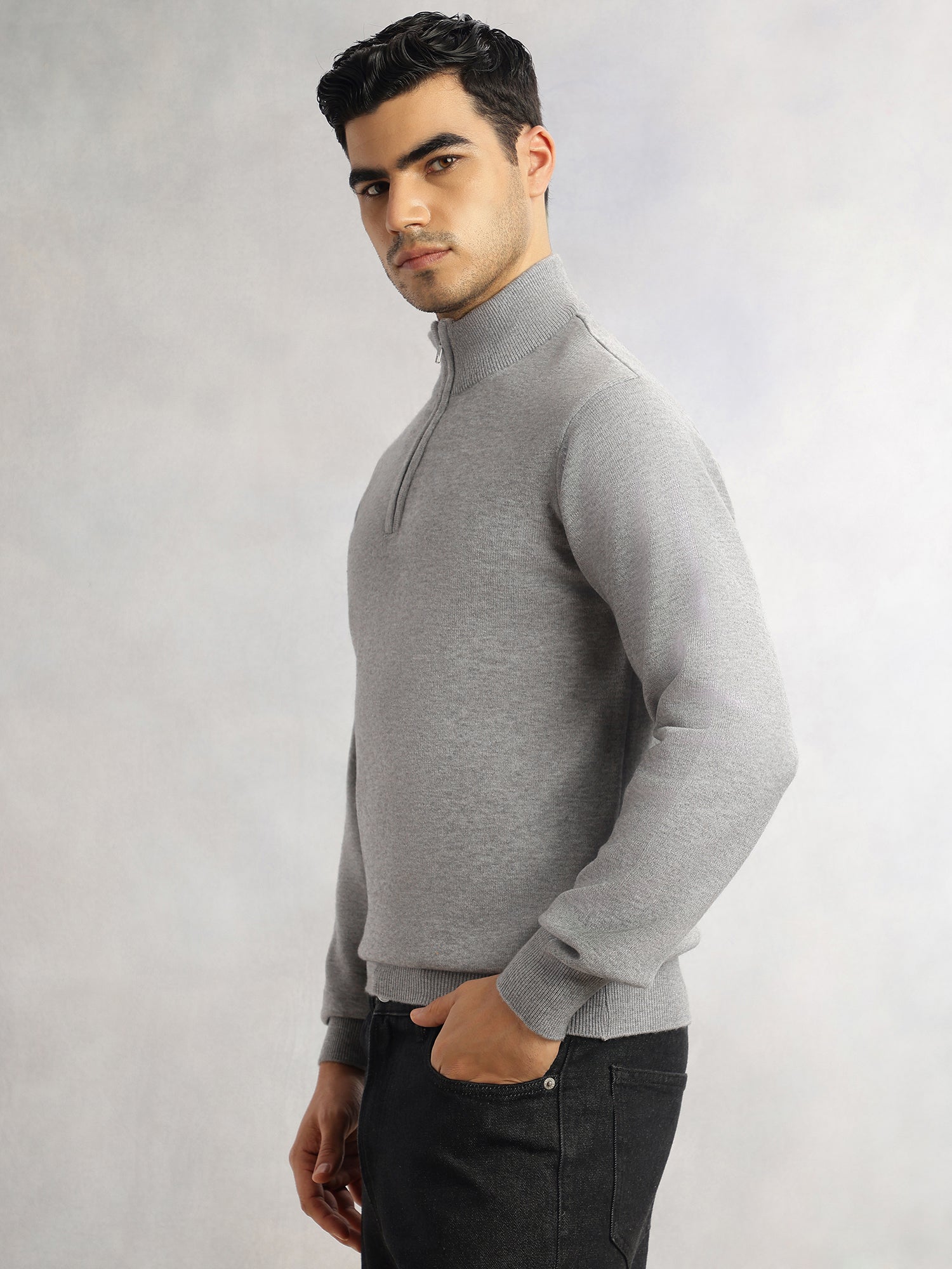 Thomas Scott Men Grey Regular Fit Long Sleeves High Neck Solid Knitted Pullover Sweatshirt