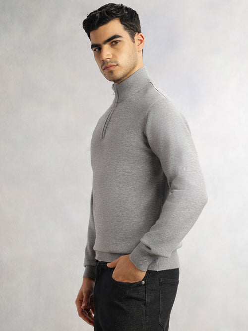 Thomas Scott Men Grey Regular Fit Long Sleeves High Neck Solid Knitted Pullover Sweatshirt