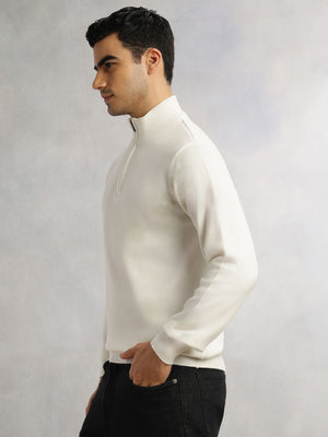 White Regular Fit Long Sleeves High Neck Solid Knitted Pullover Sweatshirt