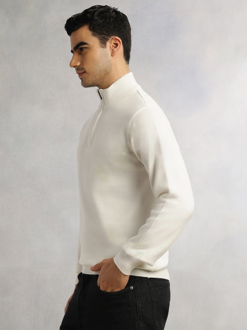 White Regular Fit Long Sleeves High Neck Solid Knitted Pullover Sweatshirt