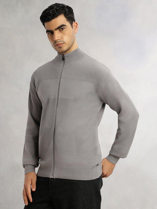 Thomas Scott Men Grey Regular Fit Long Sleeves 100% Cotton Solid Front Open Knitted Sweatshirt