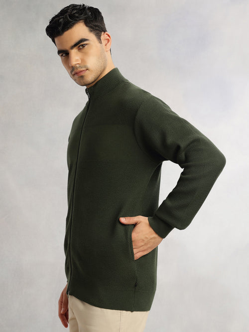 Thomas Scott Men Olive Regular Fit Long Sleeves 100% Cotton Solid Front Open Knitted Sweatshirt