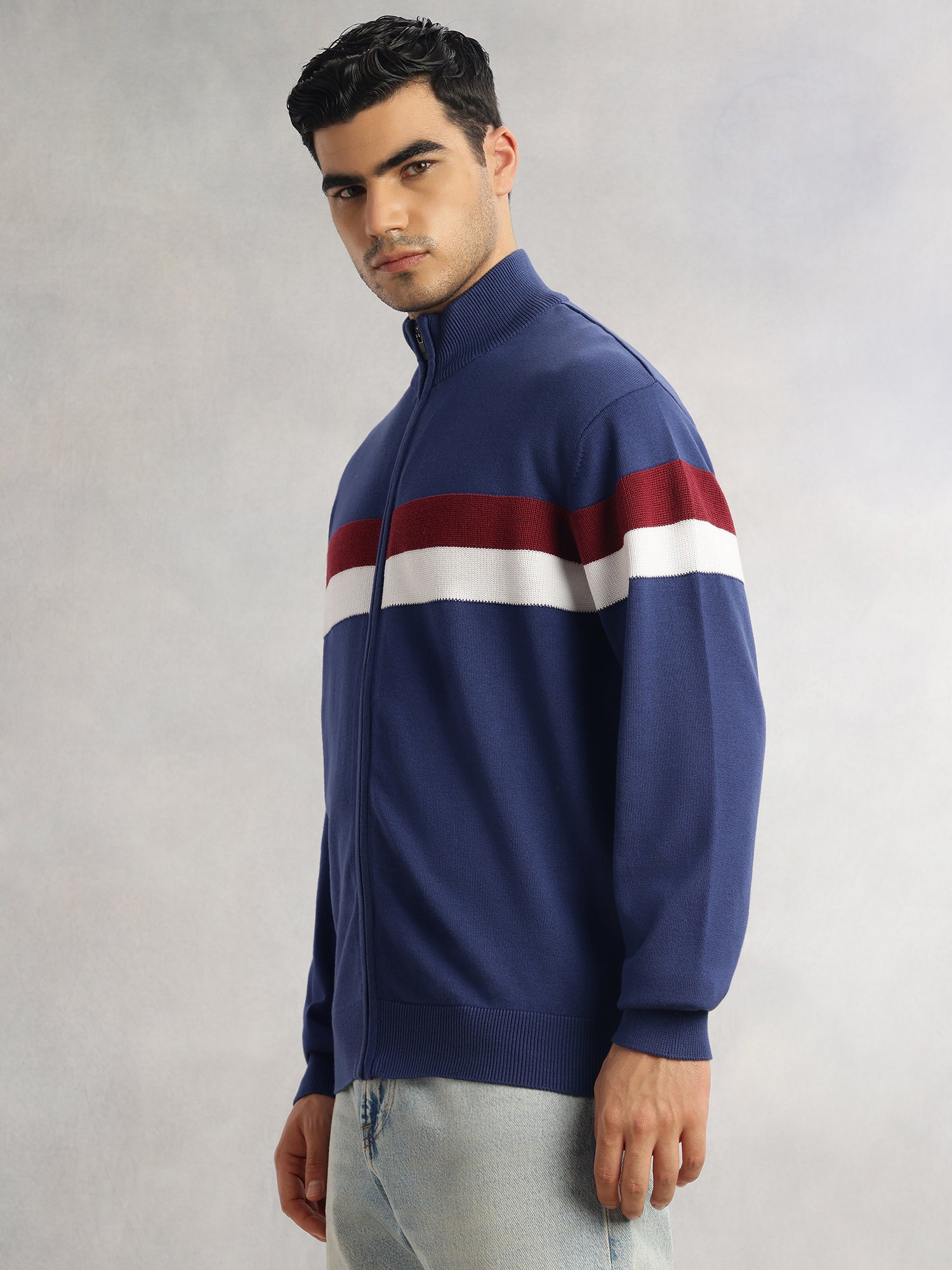 Thomas Scott Men Blue Regular Fit Long Sleeves High Neck Self Design 100% Cotton Knitted Sweatshirt