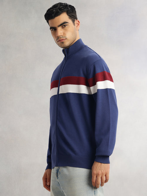 Thomas Scott Men Blue Regular Fit Long Sleeves High Neck Self Design 100% Cotton Knitted Sweatshirt