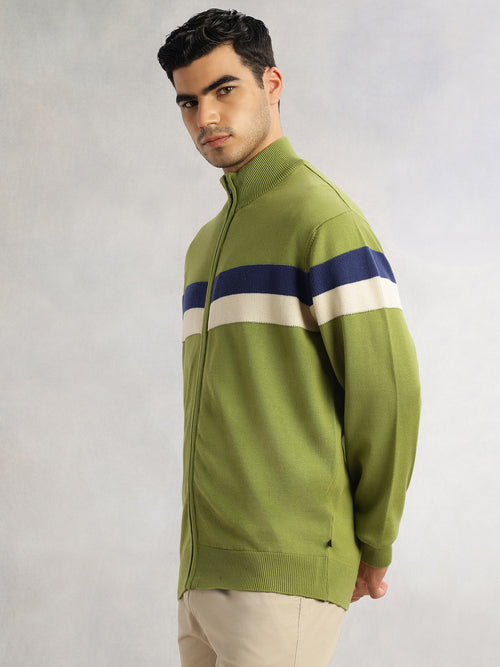 Thomas Scott Men Green Regular Fit Long Sleeves High Neck Self Design 100% Cotton Knitted Sweatshirt