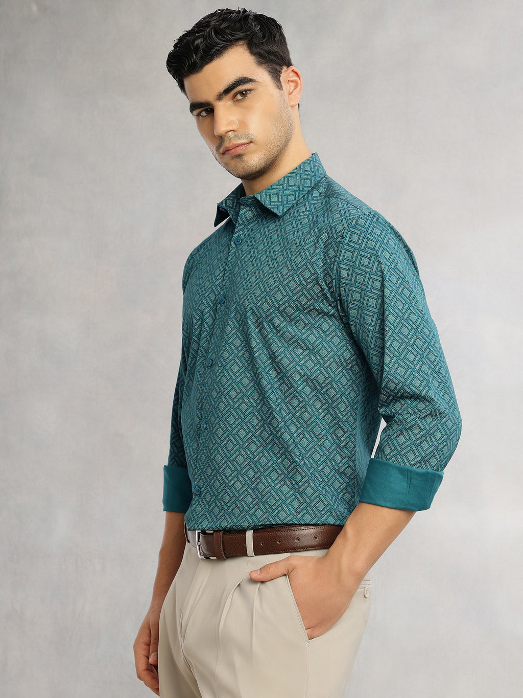 Thomas Scott Men Teal Regular Fit Long Sleeves Spread Collar Geometric Printed 100% Cotton Formal Shirt