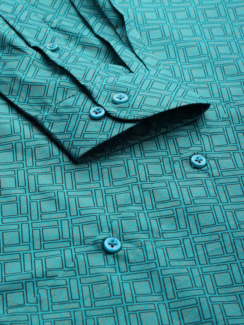 Thomas Scott Men Teal Plus Size Regular Fit Long Sleeves Spread Collar Geometric Printed 100% Cotton Formal Shirt