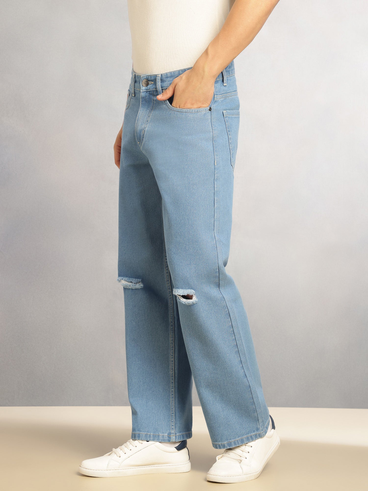 Thomas Scott Men Light Blue Mid-Rise Baggy Fit No Fade Highly Distressed 100% Cotton Non Stretchable Jeans