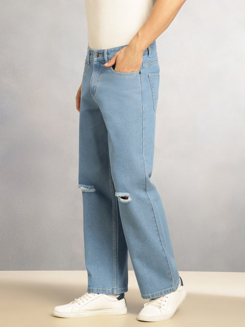 Thomas Scott Men Light Blue Mid-Rise Baggy Fit No Fade Highly Distressed 100% Cotton Non Stretchable Jeans