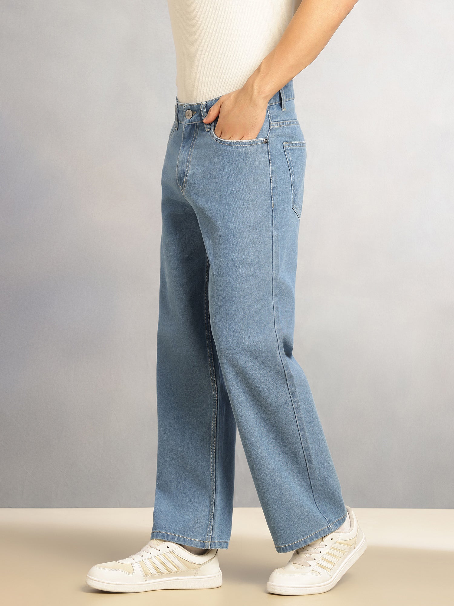Thomas Scott Men Light Blue Mid-Rise Baggy Fit No Fade Clean Look 100% Cotton Non Stretchable Jeans