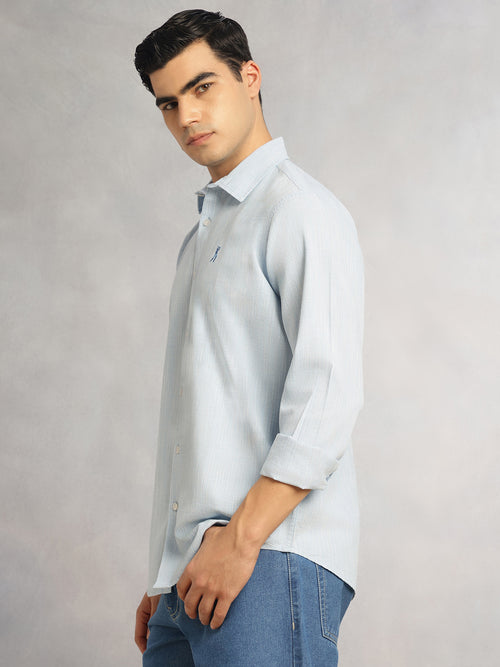 Thomas Scott Men Sky Blue Cricket Club Collection Slim Fit Long Sleeves Spread Collar Pinstripes Cotton Linen Casual Shirt