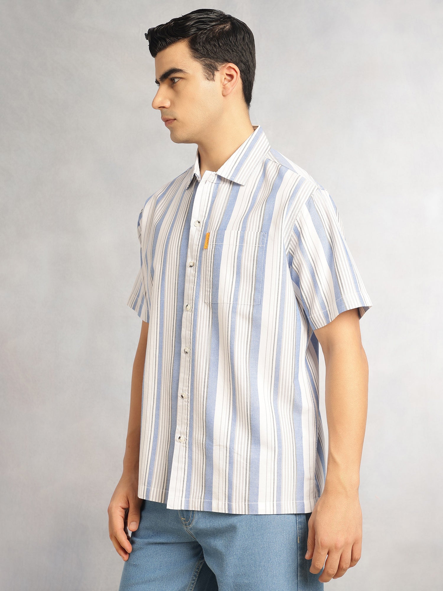 Thomas Scott Men Blue Cricket Club Collection Oversized Short Sleeves Cuban Collar Vertical Striped 100% Cotton Oxford Casual Shirt