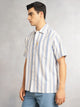 Thomas Scott Men Blue Cricket Club Collection Oversized Short Sleeves Cuban Collar Vertical Striped 100% Cotton Oxford Casual Shirt