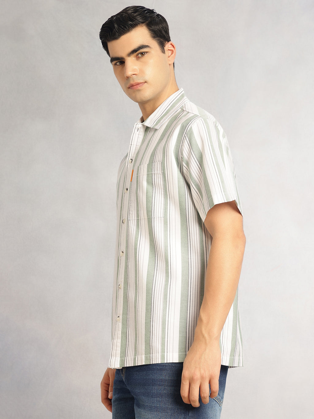 Thomas Scott Men Green Cricket Club Collection Oversized Short Sleeves Cuban Collar Vertical Striped 100% Cotton Oxford Casual Shirt
