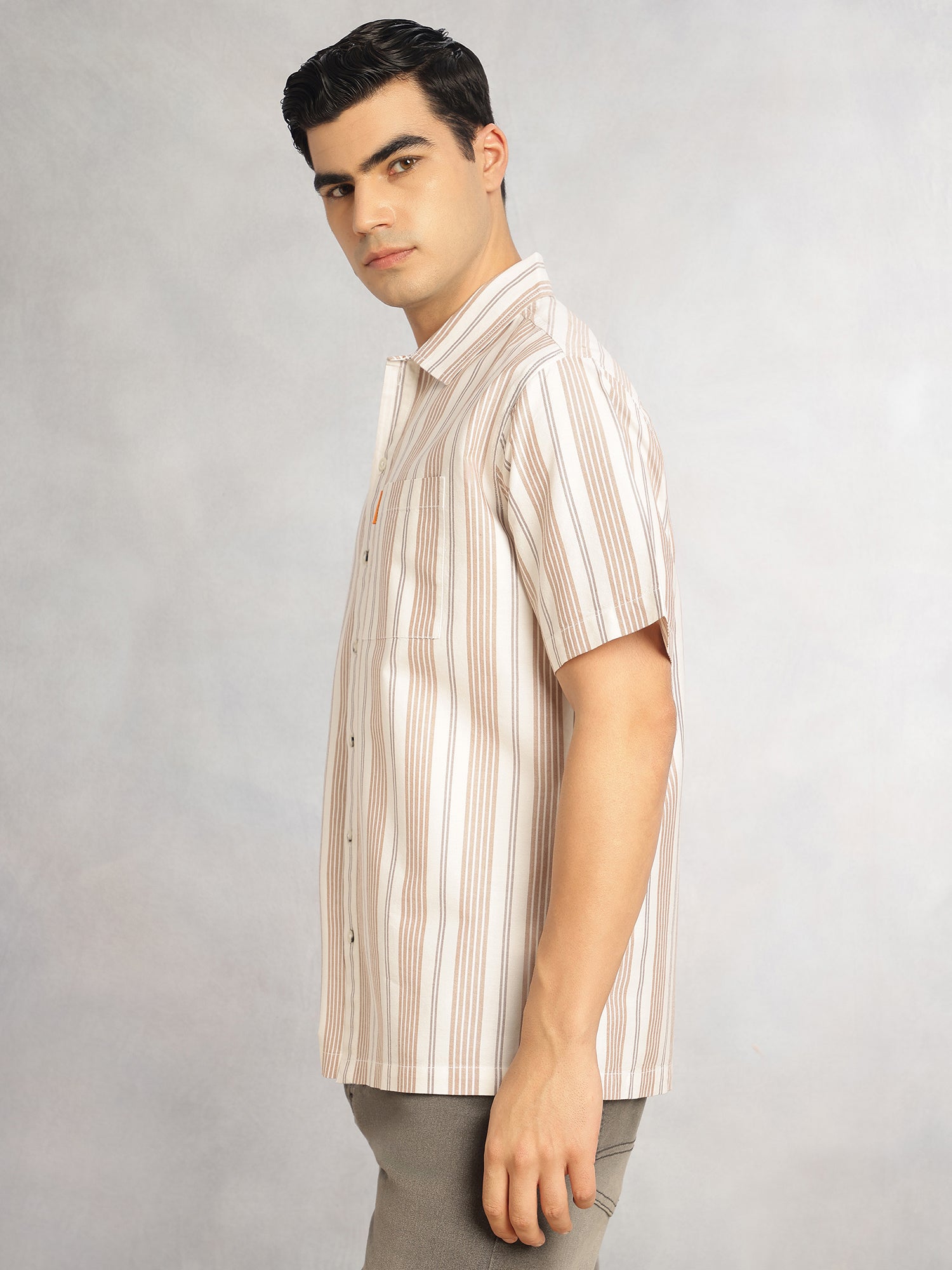Thomas Scott Men Beige Cricket Club Collection Oversized Short Sleeves Cuban Collar Vertical Striped 100% Cotton Oxford Casual Shirt