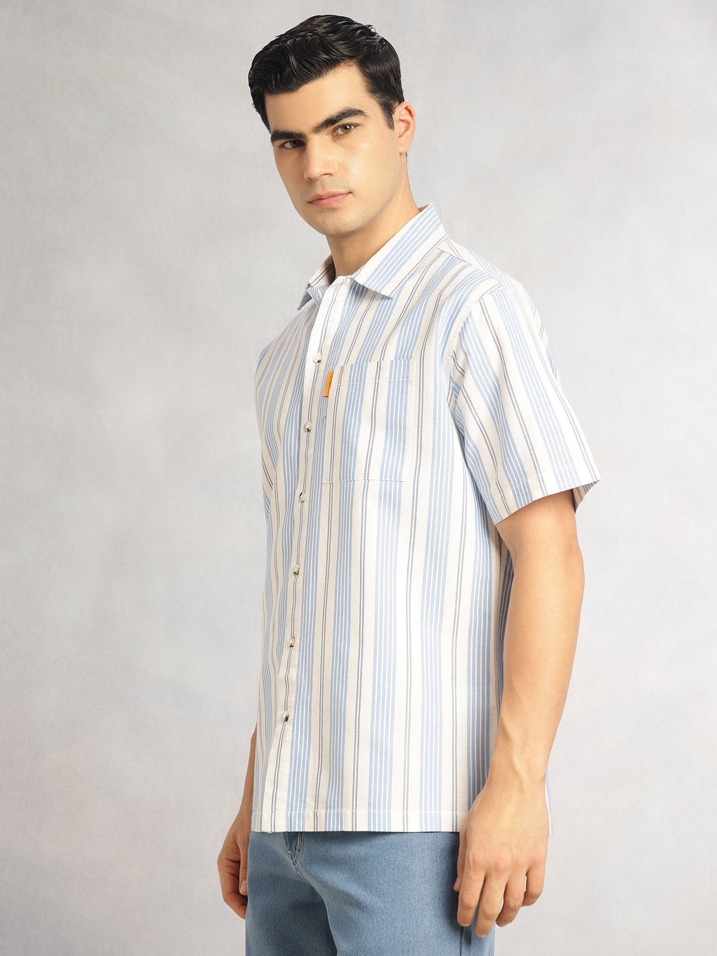 Thomas Scott Men Blue Cricket Club Collection Oversized Short Sleeves Cuban Collar Vertical Striped 100% Cotton Oxford Casual Shirt