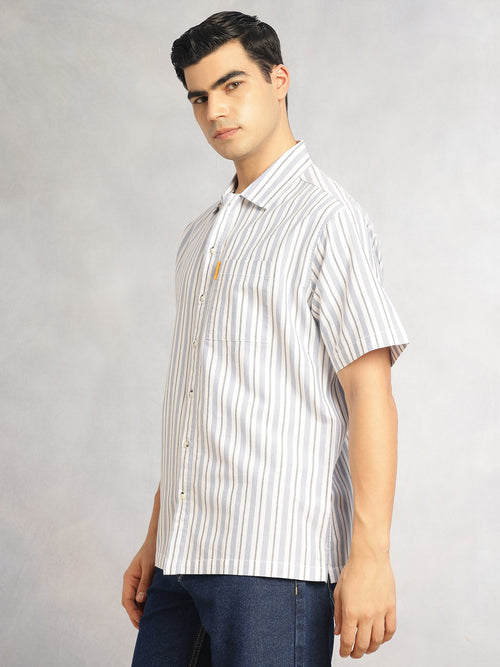 Thomas Scott Men Blue Cricket Club Collection Oversized Short Sleeves Cuban Collar Vertical Striped 100% Cotton Oxford Casual Shirt