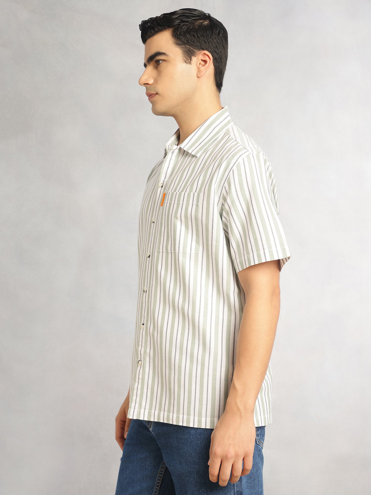 Thomas Scott Men Green Cricket Club Collection Oversized Short Sleeves Cuban Collar Vertical Striped 100% Cotton Oxford Casual Shirt