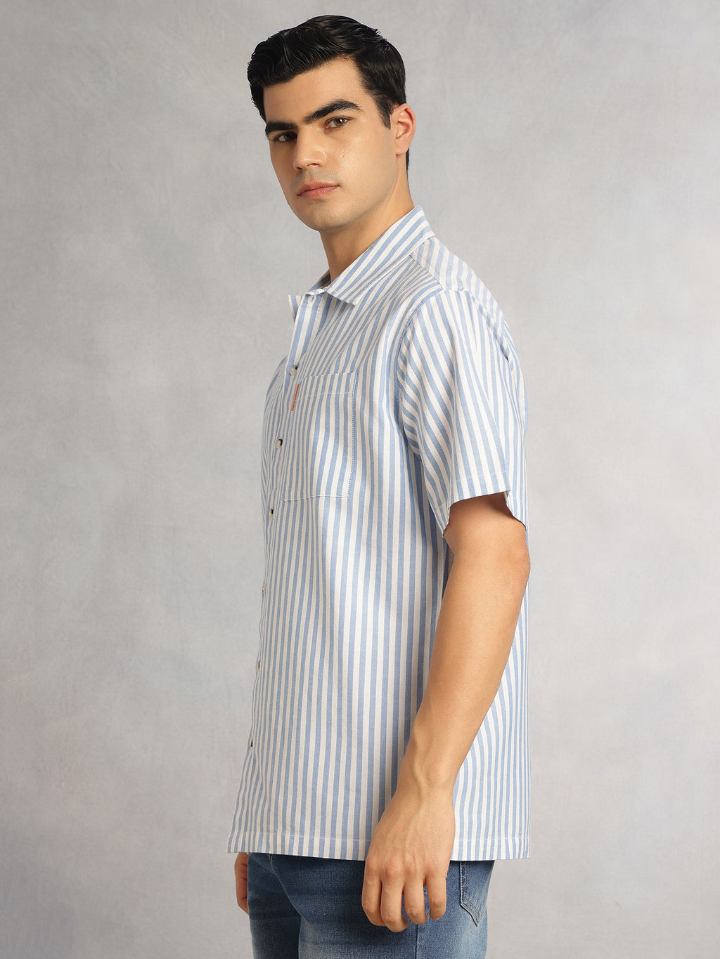 Thomas Scott Men Blue Cricket Club Collection Oversized Short Sleeves Cuban Collar Vertical Striped 100% Cotton Oxford Casual Shirt
