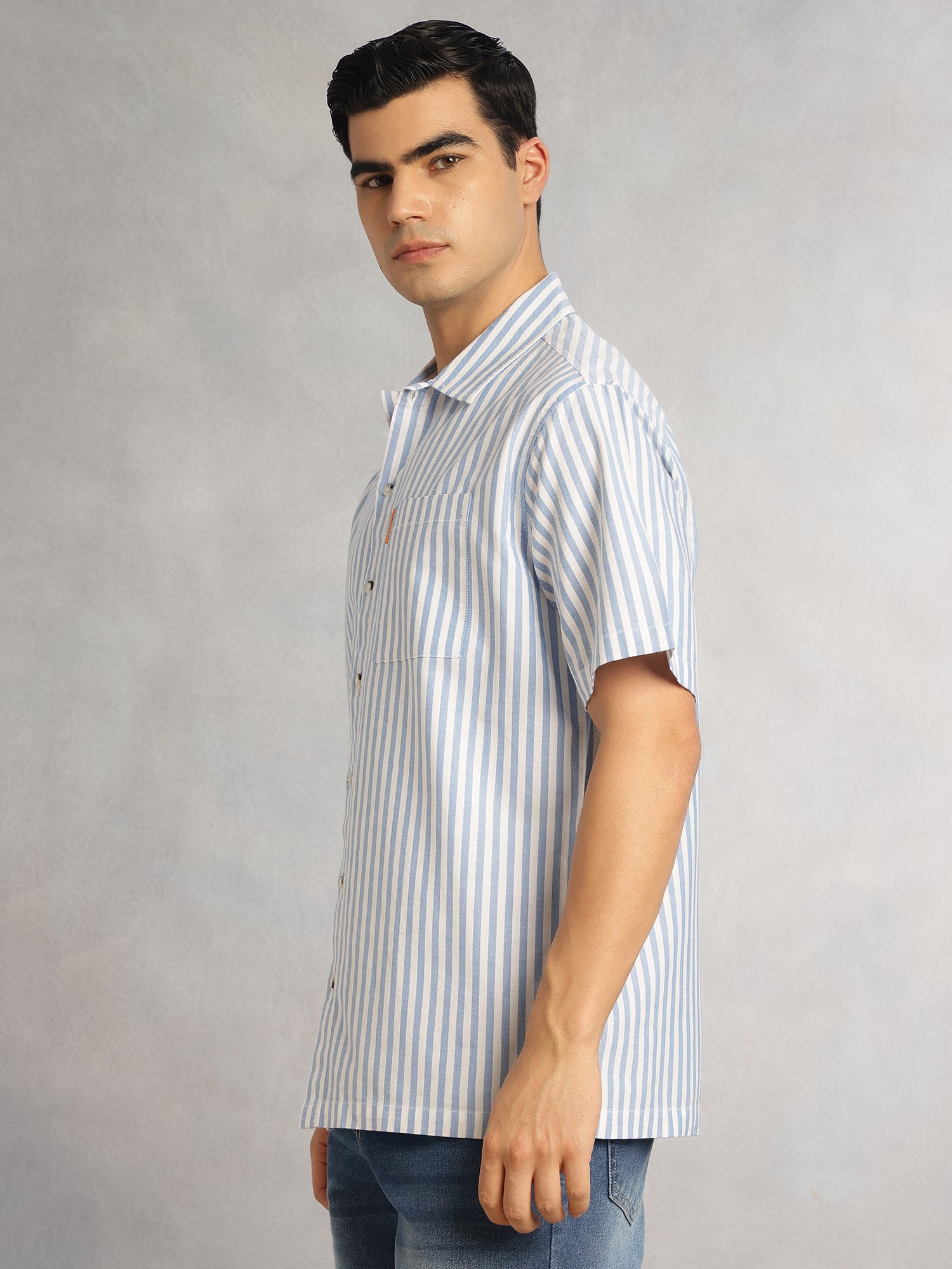 Thomas Scott Men Blue Cricket Club Collection Oversized Short Sleeves Cuban Collar Vertical Striped 100% Cotton Oxford Casual Shirt